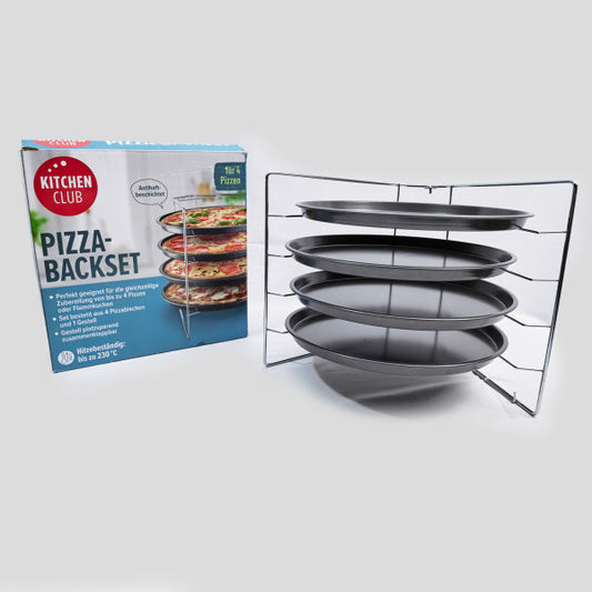 Комплект за печене на пица Kitchen Club – 4 тави с метална стойка