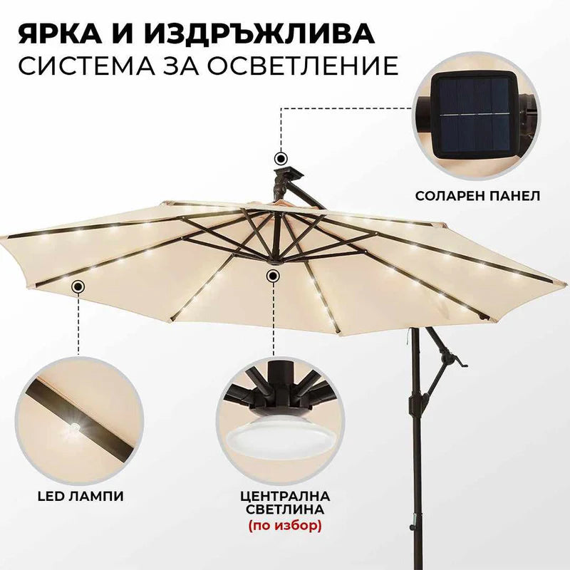 Висококачествен Регулируем 3х3М Градински Чадър с LED осветление, 8 ребра и UV защита