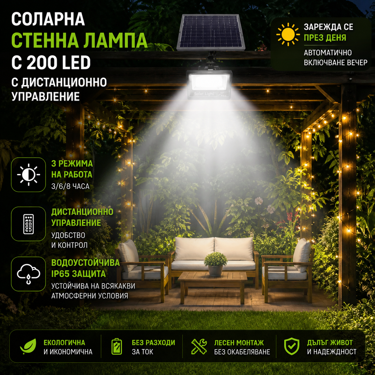 Соларна стенна лампа с 200 LED, дистанционно управление