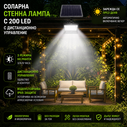 Соларна стенна лампа с 200 LED, дистанционно управление